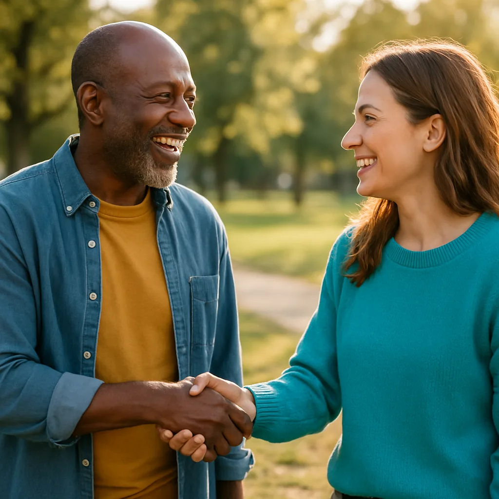 Two people meeting at a local park — genuinely local Birmingham dating
