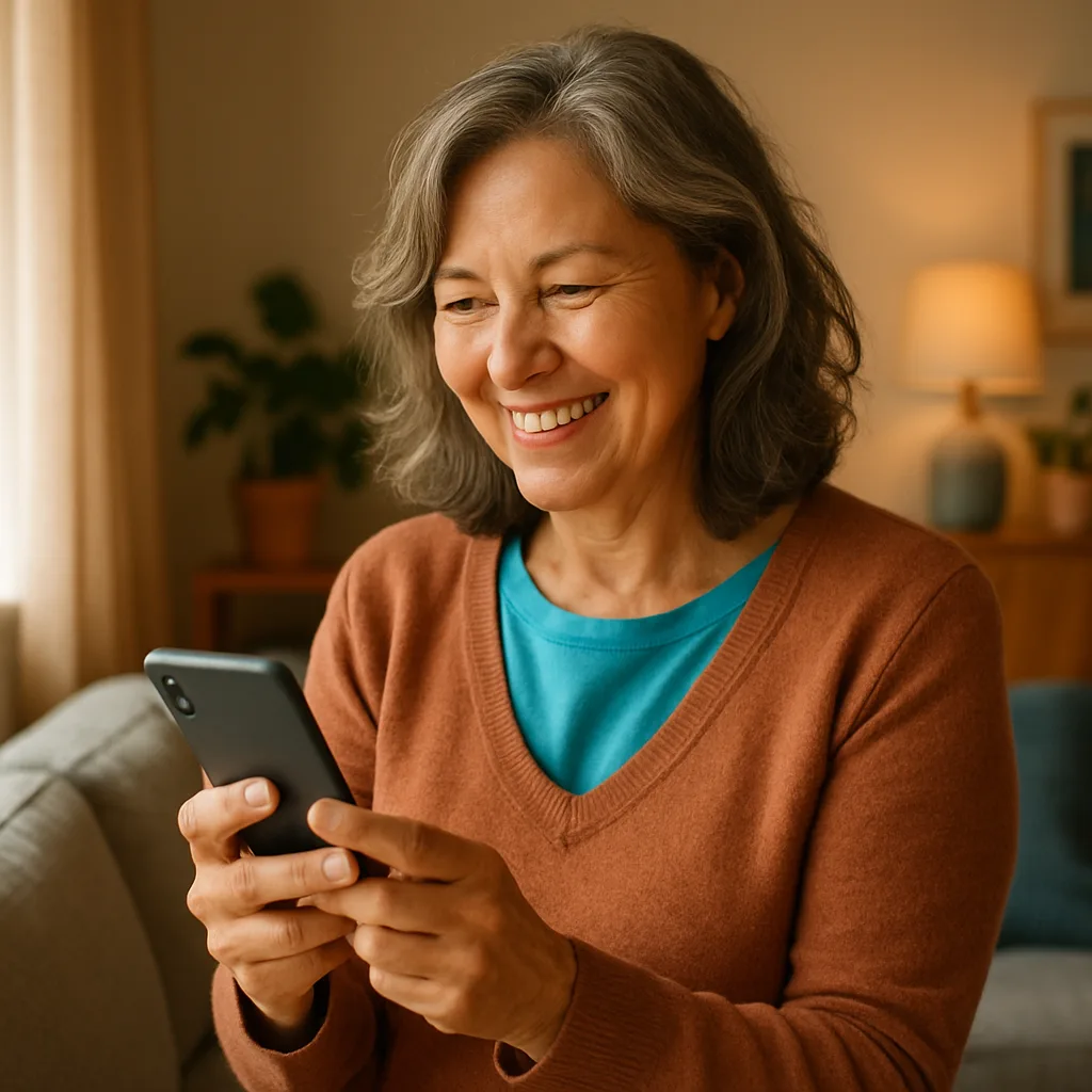 Smiling woman confidently checking her phone — verified profiles on The Birmingham Dating Site